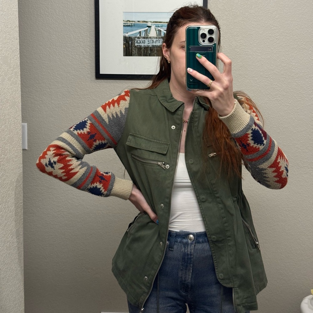 Quinn Olive Utility Jacket with Aztec Knit Sleeves